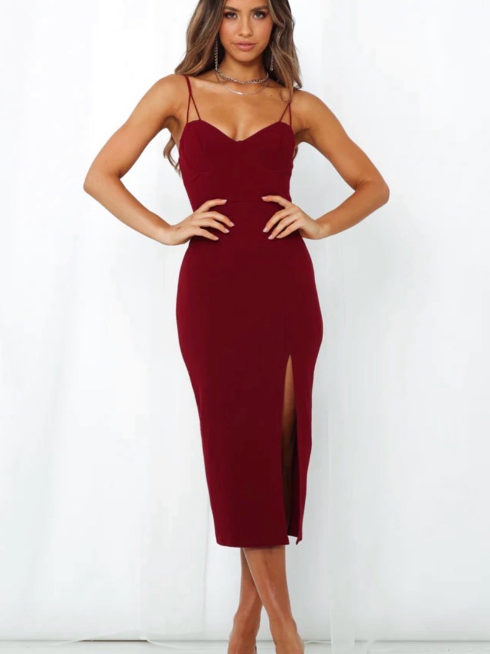 Hello Molly Spaghetti Strap Midi Dress in Burgundy